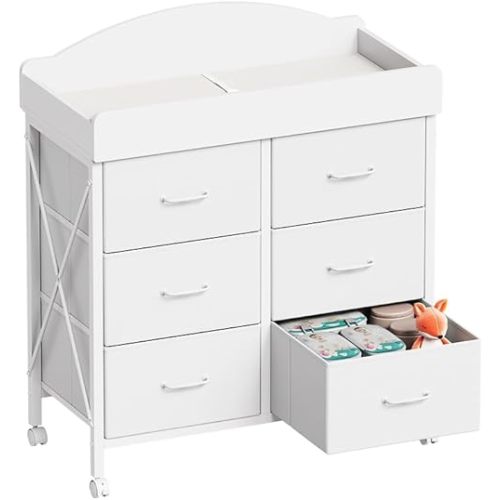 YeTom Changing Table Dresser, 6 Fabric Drawers, Mobile Storage,White