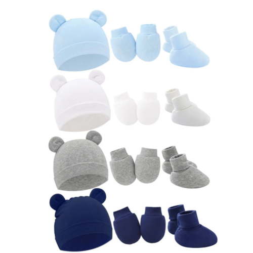 4Pack Newborn Baby Boy Girl Bear Ear Hat and Mitten Footcuff Sets Infant Cotton Beanie Gloves Newborn Hospital Hat 0-6M