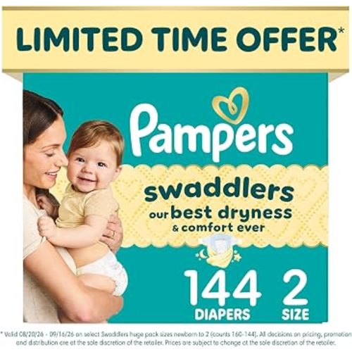 Pampers Swaddlers Diapers, Size 2 (10-22 lbs), 144 Count, Absorbent, Keeps Baby Dry and Comfortable, Skin Safe Disposable Baby Diaper