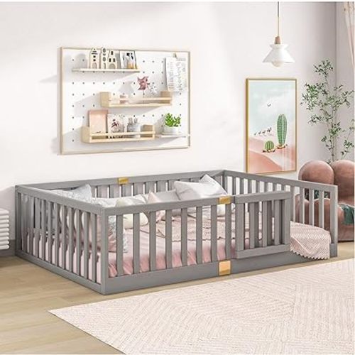 Tatub Full Montessori Floor Bed with High Rails, Solid Wood Montessori Bed Frame for Kids, Door Can Install Left and Right, Full-Grey