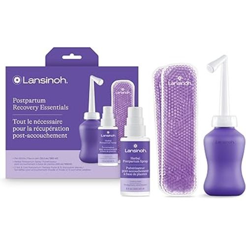 Lansinoh Postpartum Essentials Kit, Includes Upside Down Peri Bottle, Herbal Perineal Spray, Reusable Perineal Ice Packs and Sleeves