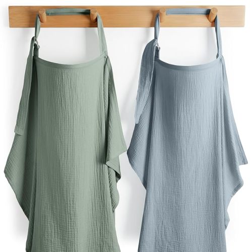 Comfy Cubs Muslin Nursing Cover Pack of 2, 100% Cotton Muslin Breastfeeding Cover for Moms, Soft & Breathable Baby Nursing Scarf, Adjustable Neck Strap - Privacy Coverage - Fern and Pacific Blue