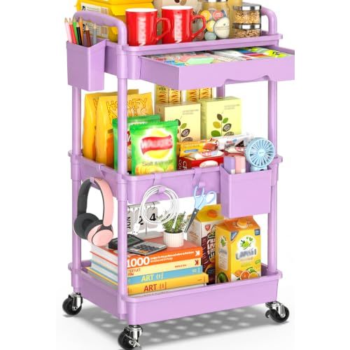 SUNALLY 3 Tier Rolling Cart Organizer with Drawer, Bathroom Storage Carts with Wheels & Plastic Shelf, Mobile Storage Organizers for Kitchen, Office, Laundry Room, Baby, Snack, Craft, Makeup, Purple