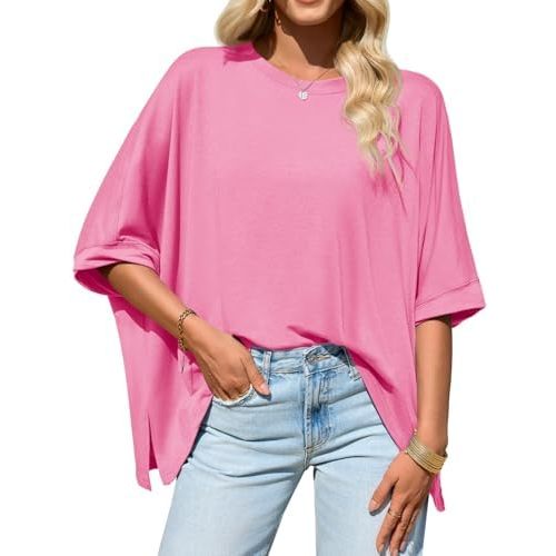 Tankaneo Womens Oversized Tshirts Batwing Short Sleeve Asymmetric Hem Tops Summer Casual Loose Fit Tunic Tee Shirts