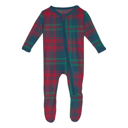 KicKee Print Footie with 2 Way Zipper, Fitted Long Sleeve Pajamas, Ultra Soft Everyday One-Piece Loungewear, Winter Celebration (Peacock Plaid - Newborn)