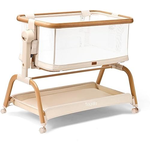 Tinyiota 3 in 1 Baby Bassinet,Rocking Bedside Crib Sleeper for Newborns,Adjustable Height Bassinet with Mattress and Soft,Breathable Sheet,Full-Mesh Sides,Stable&Cozy Crib for Babies