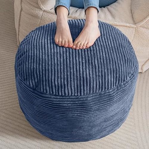 HIGOGOGO Round Stuffed Pouf Ottoman, Corduroy Poufs with Foam Chunk Filling, Furry and Fluffy Pouf Foot Stool Storage Ottoman, 20 X 15 Floor Poufs Foot Rest for Living Room, Bluestone