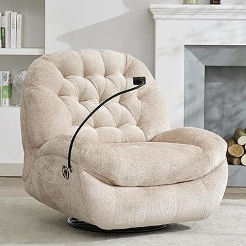 Oversized Swivel Rocker Recliner Chair,Swivel Rocking Sofa,Large Recliner Glider Chair with Phone Holder,Chenille Fabric,Beige