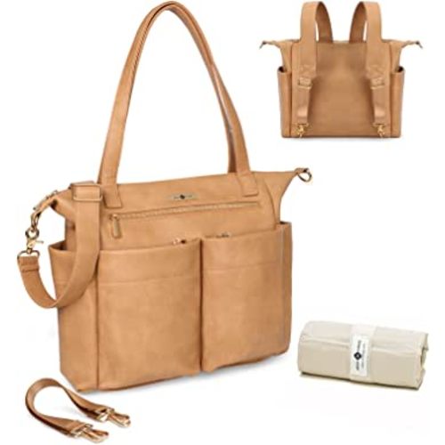 miss fong Diaper Bag Tote Baby Bag Leather Diaper Bag Backpack Large Diaper Tote Bag with 11 Pockets Pañaleras Para Bebe with Diaper Changing Pad, Stroller Straps,4 Insulated Pockets