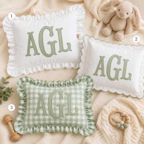 Personalized Monogram Pillowcase, Custom Embroidered Initials Pillow Cover, Scalloped Ruffle Nursery Pillow
