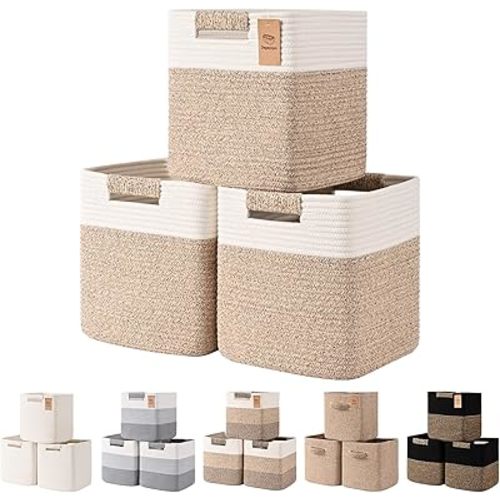 11 Inch Storage Cubes, 3 Pack Cube Storage Bins for Organizing, Cotton Rope Woven Baskets for Shelves, Bathroom, Kids Room, Closets, Baby Nursery