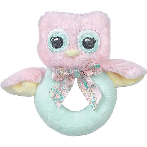 Bearington Baby Lil' Hoots Plush Stuffed Animal Pink Owl Soft Ring Rattle - 5.8" Baby Rattle Newborn Toy