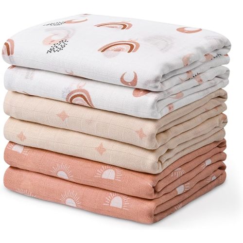 Gllquen Baby Muslin Swaddle Blankets 6 Pack, Soft Cotton Baby Swaddle, Breathable Receiving Blanket for Newborn Boys Girls, Multipurpose Nursing Cover & Stroller Sun Shade, Sun Pattern
