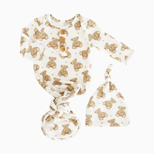 Caden Lane Bamboo Waffle Newborn Baby Knot Gown & Hat Set - Beary Sweet, Newborn