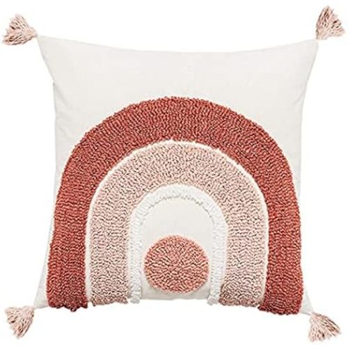 Watermelon Red Cotton Woven Tufted Throw Pillow Cover,Cute Rainbow semicircle with Tassels Decorative Pillowcase,Cozy Cushion Cover for Bedroom Living Room Couch,Regalo Para Navidad,18x18 Inches