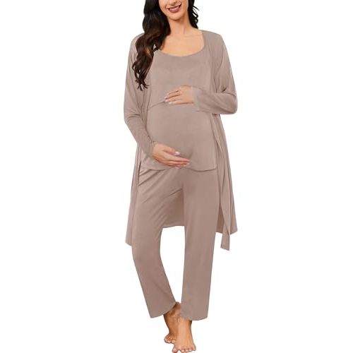 SWOMOG Maternity Nursing Robe Set 3 PCS Postpartum Pajamas Breastfeeding Labor Delivery with Robe & Camisole & Pants