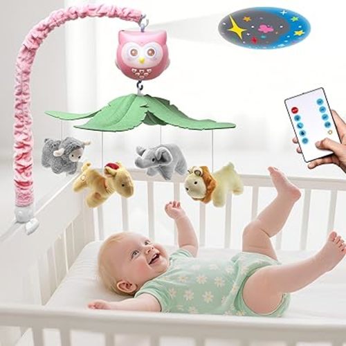 Baby Crib Mobile with Music and Lights for Boys Musical Mobile Animals for Crib Bassinet Girls Toys Hanging Portable Safari Nursery Decor Pink