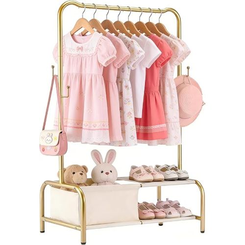 Kids Clothing Rack-Portable Kids Clothing Rack with Storage Shelf - Toddler Garment Organizer for Baby Clothes, Dance Costumes, Girls Gift Ideas(gold)