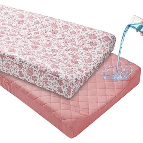 FIOBEE Changing Pad Cover Waterproof 2 Pack Quilted Diaper Change Table Sheets Breathable & Ultra Soft for Newborn Baby Boys Girls Fitted Changer Pads 32"x 16", Pink