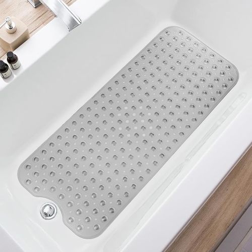 Extra Long Non-Slip Bath Mat with Drain Holes and Suction Cups, 39 x 16 Inch Mat for Bathtub and Shower, Machine Washable (Clear Grey)