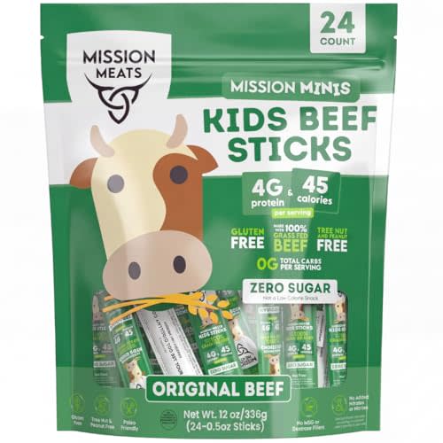 Mission Meats Kids Beef Sticks, 100% Grass Fed, Healthy Snacks for Kids, Zero Sugar, 4g Protein, 45 Calories Gluten & Nut Free, Individually Wrapped, Mini Sticks, 0.5oz (24ct Bag)