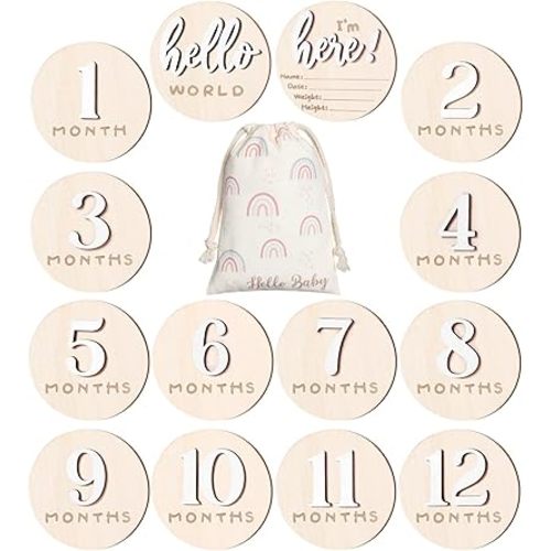 7 Pack 3D Baby Monthly Milestone Card Signs Baby Announcement Sign Double Sided Hello World Newborn Signs Wooden Circles Discs for Welcome Newborn Boy Girl Photo Props (White,Number)
