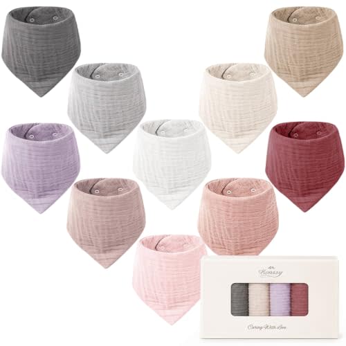 Konssy 10 Pack Baby Muslin Bandana Bibs for Drooling and Teething | 100% Cotton, 6-Layer Bibs, Pre-Washed Soft & Absorbent, Adjustable Neck Fit, Boys & Girls 0-36M