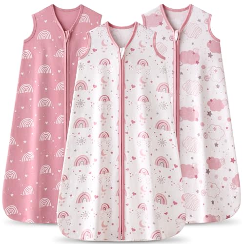 Baby Sleep Sack 6-12 months, 100% Cotton Sleeping Sack for Newborn and Infant, 3 Pack Baby Wearable Blanket, 0.5 Tog Lightweight Double Zipper Sleep Bag Medium Pink Rainbow