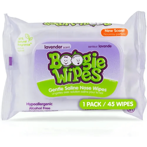 Saline Nose Wipes by Boogie, for Baby & Kids, Face, Hand & Body, FSA/HSA Eligible, Made with Vitamin E, Aloe, and Natural Saline, Lavender Scent, 45 Count (Pack of 1)