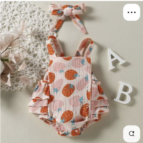 Baby Strawberry Strap Bodysuit with Headband