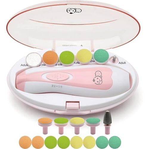 Royal Angels Upgraded 21 in 1 Baby Nail Trimmer with Labeled Case, 13 Extra Replacement Pads, Safe Electric Baby Nail File Kit for Newborns & Toddlers, Whisper Quiet Nail Clipper with LED Light (Pink)
