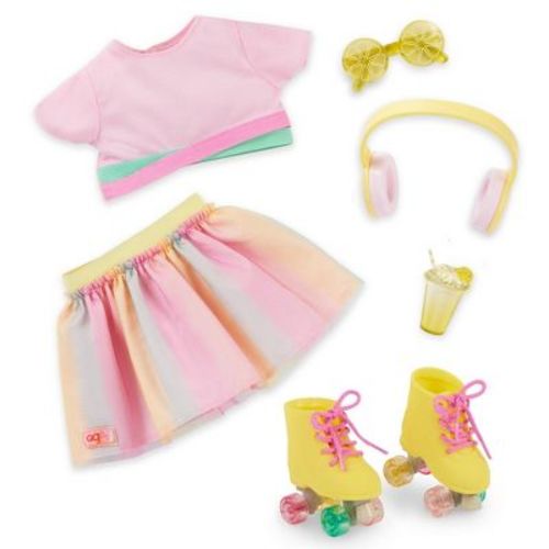 Our Generation Rollerblades and Lemonade Outfit with Rainbow Roller Skates and Accessories for 18" Dolls: 7 Pieces Set