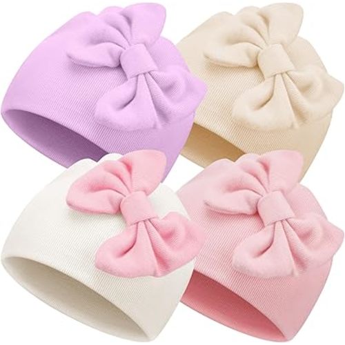 Cuffbow 4 Pcs Preemie Hats Baby Bow Cap Warm Cotton Hospital Premature Baby Beanie for Premature Boy Girl Newborn Infant