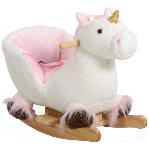 Qaba Unicorn Baby Rocking Horse, Kids Ride on Toy with Realistic Sound, Seat Belt, Plush Animal Rocker for Toddlers 12-36 Months, White