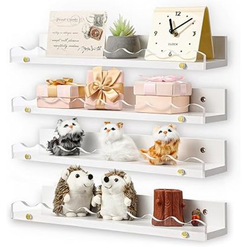 16.5 Inches Nursery Book Shelves for Wall, 4-Pack Clear Acrylic and Wooden White Floating Rack for Bedroom Kids, Scalloped Book Shelves, Toddler Room, Playroom & Nursery Decor (White)