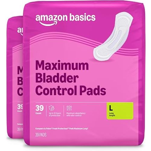 Amazon Basics Incontinence Pads for Women, Postpartum, Long, Maximum Absorbency, Bladder Control, Unscented, 78 Count (2 Packs of 39), Packaging May Vary