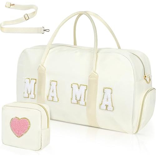 Mama Hospital Bag for Women Labor and Delivery Nylon Chenille Letter Embroidered Duffle Overnight Weekender Bag with Shoes Compartment and Mothers Day Gifts White