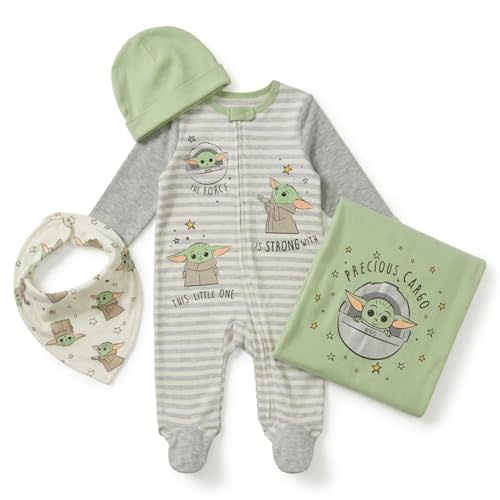 STAR WARS The Mandalorian The Child Zip Up Sleep N' Play Coverall Bib Blanket and Hat 4 Piece Outfit Set Newborn