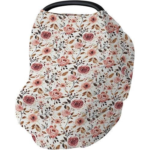 Vintage Wild Flowers Baby Car Seat Covers Retro Peonies Leaves Plant Stretchy 5-in-1 Cover Adjustable Infant Carseat Canopy Cover Summer Spring Garden Breathable Nursing Cover-Up