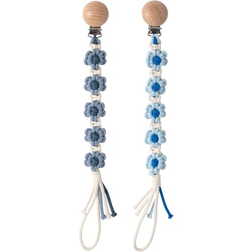 Pacifier Clip for Boys Girls Floral Daisy Macrame Baby Paci Clip Pacifier Holder Leash Boho Wooden Clips Handmade Braided Cotton Binky Clips (Baby Blue & Frost Blue)