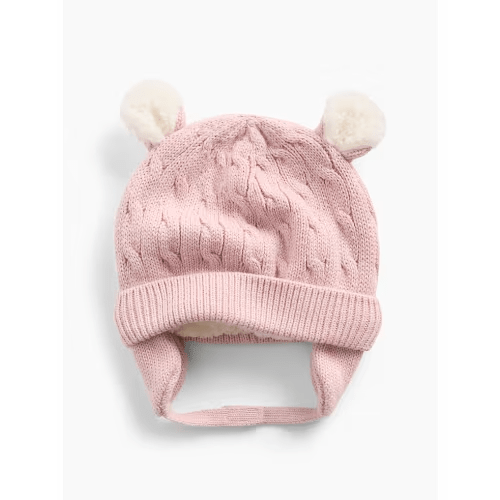 Baby Sherpa-Lined Cable-Knit Bear Beanie