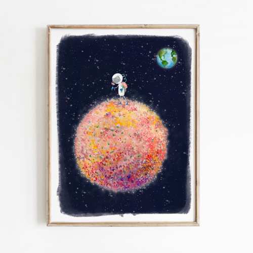 Watercolor Flower Moon Art Print | Celestial Astronaut Nursery Decor | Watercolor Astronaut Print | Space Art Children's Illustration
