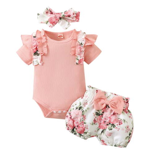 LMTODLFG Baby Boy Clothes Girls Ruffles Short Sleeve Ribbed Romper Bodysuits Bowknot Floral Printed Shorts Headbands Outfits Baby Girls' Clothing Pink 6-9 Months