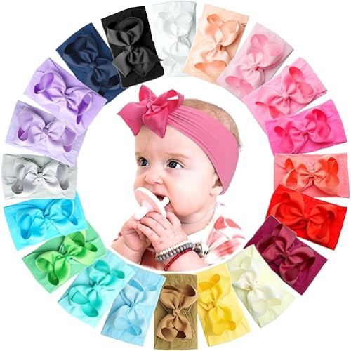 CÉLLOT 20 Colors Baby Girl Headbands with 4.5 Inches Hair Bows Nylon Turban Head Wraps Headbands for Newborn Infants and Toddlers