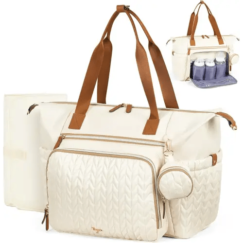 Diaper Bag Tote, Large Baby Diaper Bags Waterproof, Hospital Bag for Labor Delivery with Pacifier Case, Changing Pad, Shoulder Strap, Beige