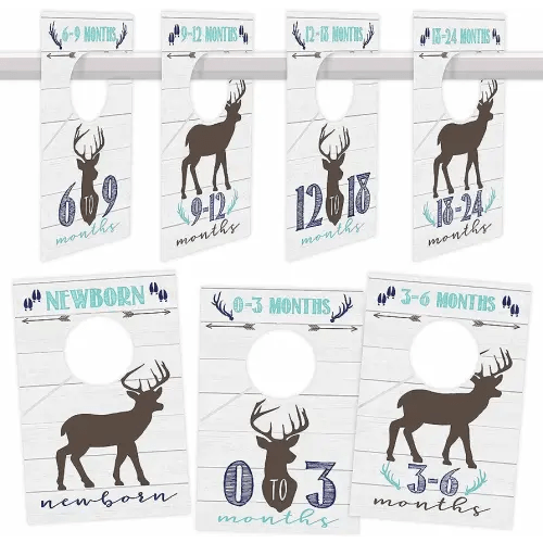 Hadley Designs 7 Woodland Baby Nursery Closet Organizer Dividers for Boy Clothing, Blue Deer Age Size Hanger Organization for Kid Toddler, Infant Clothes Must Have, Shower Registry Gift, 0-24 Months