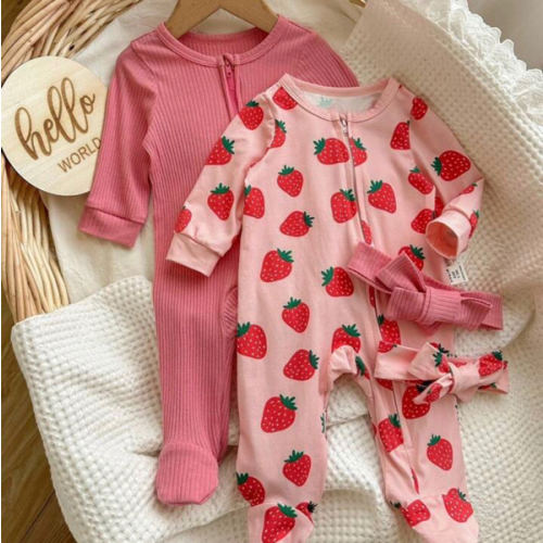 2pcs Newborn Baby Girl Cute Strawberry Print Crew Neck Long Sleeve Zipper Front Soft Romper Set Graphic | SHEIN USA