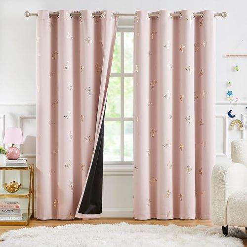 Jubilantex Pink Gold Butterfly Blackout Curtains with Black Layer Thermal Insulated Window Curtains Grommet Top for Bedroom Girls Room,52x95,2 Panels