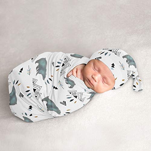 Sweet Jojo Designs Bear Mountain Baby Boy Cocoon and Beanie Hat 2pc Set Jersey Stretch Knit Sleeping Bag for Infant Newborn Nursery Sleep Wrap Sack - Slate Blue and Black Woodland Forest Animal