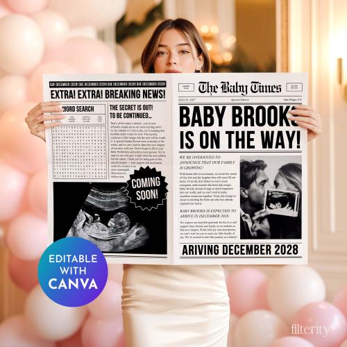Newspaper Baby Announcement Template, Pregnancy Announcement Newspaper, The Baby Times, Baby Coming Soon Newspaper, Custom Newspaper Canva
